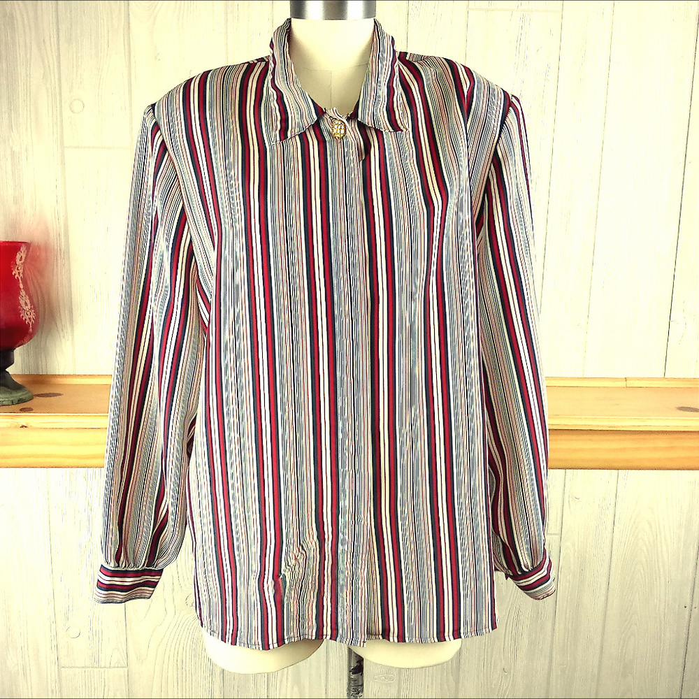 Red Green White Striped Gold Buttons Holiday Blous